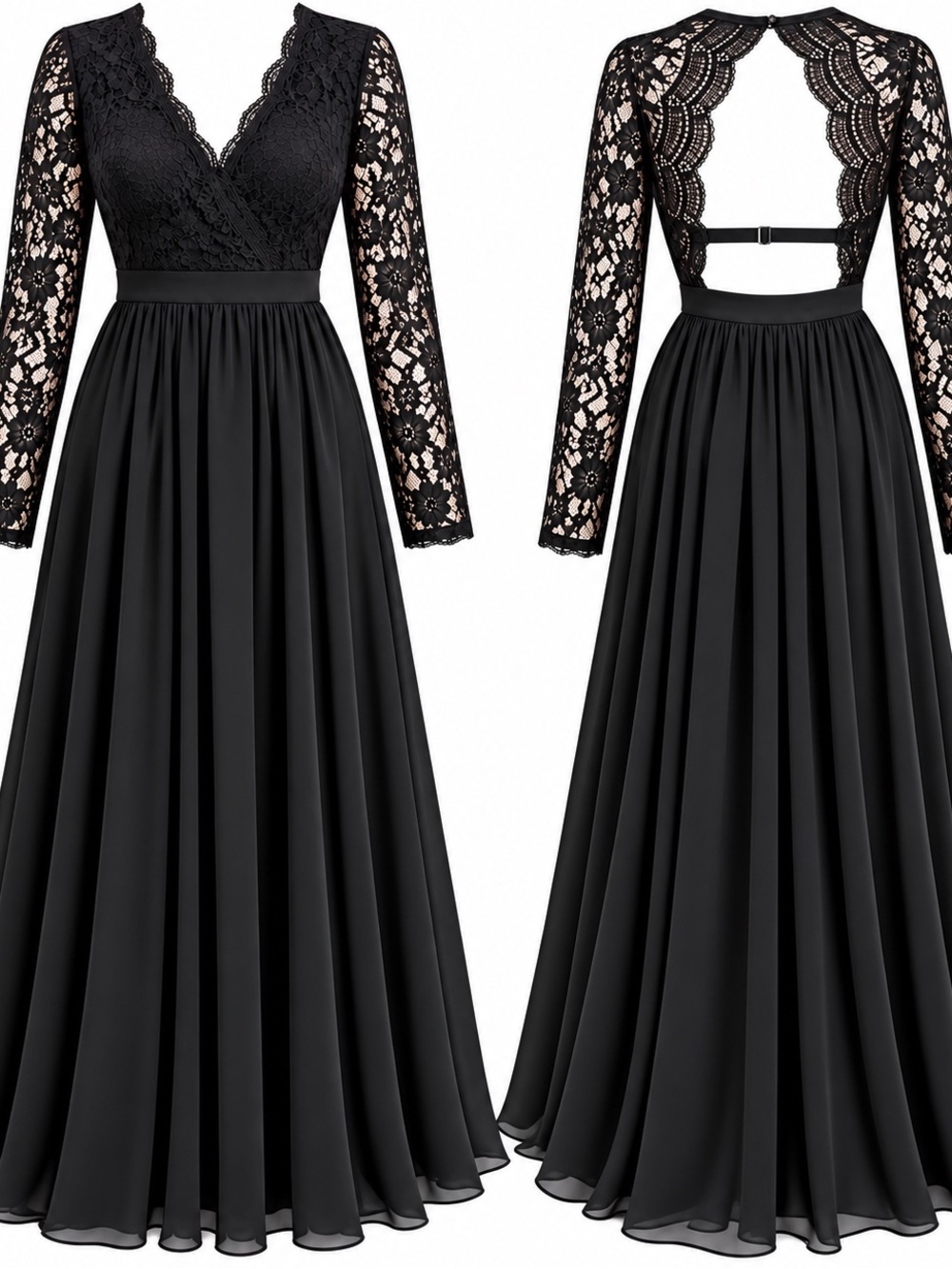Elegant Black Lace Long-Sleeve Maxi Dress with Open Back